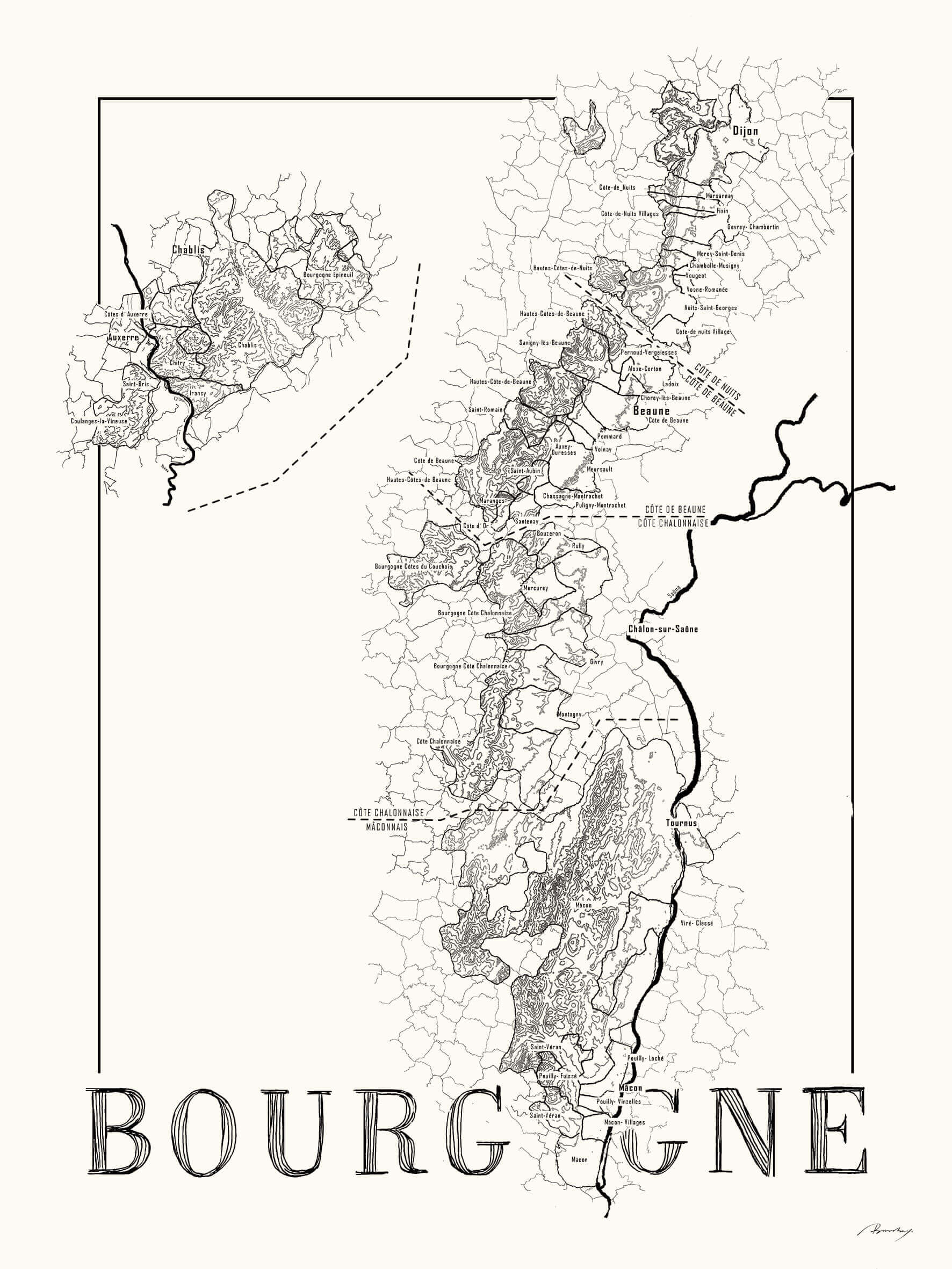 Bourgogne Vinkort – 30×40 cm